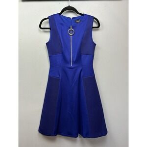 DKNY Dress Womens 2 Purple Fit and Flare Mesh Panel Front Zip O-Ring NEW